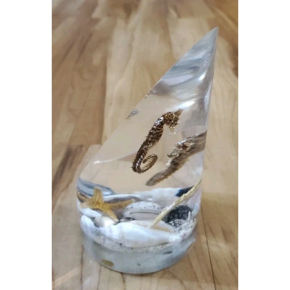 Vtg 1960s Lucite Seashells Ocean Aquarium Bookend Sculpture Seahorse Starfish